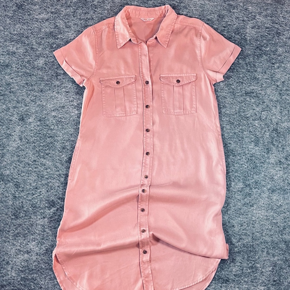 Teddi Rose Dusty Rose Collared Midi Shirt Dress Short Sleeve Pockets Sz S Casual